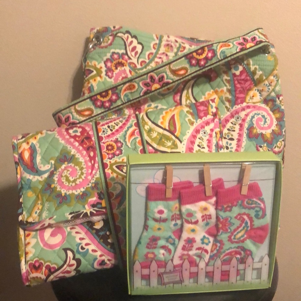 Vera Bradley Tote Bag, Diaper Changing Pad, Socks